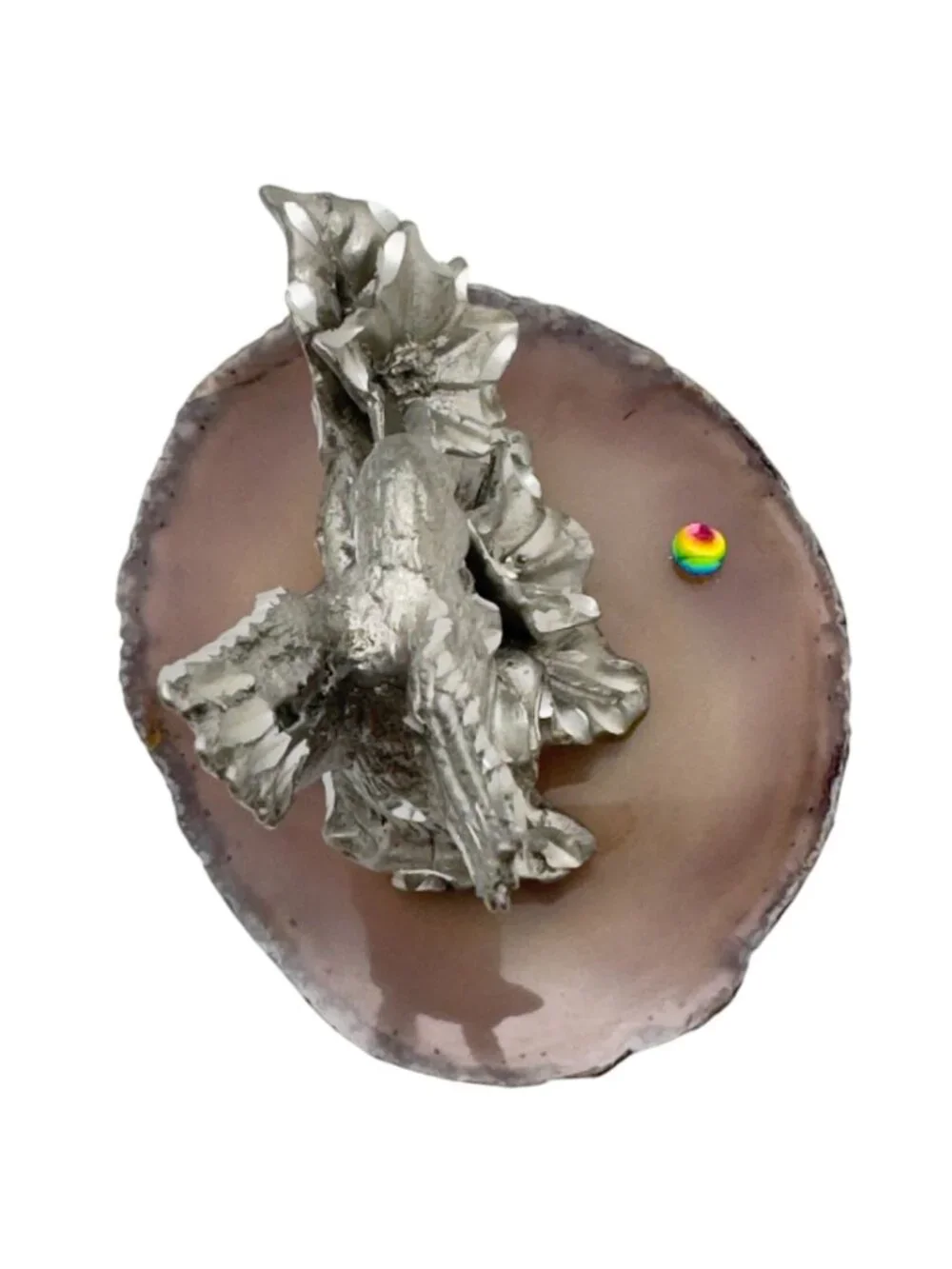 Pewter Hummingbird & Hibiscus Vtg Figurine Separate Agate Base 3.5